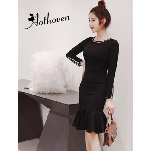 Autumn Black Mermaid Dress Office O Neck Long Sleeve Sexy Party Club Bandage Bodycon Midi Dresses 2018 High-End Women Vestidos