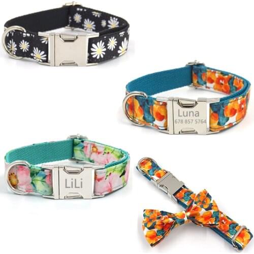 Dog Collar Personalized ID Tag Customized Engraved Adjustable Froal Custom Dog Collar with Bow tie for Small Medium Large Dogs