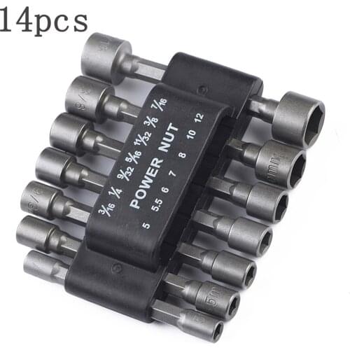 14pcs 5-12mm Imperial Socket Nut Impact Driver Adapter Drill Bits Set 1/4 Inch Hex Shank Tool Set Nut Driver Socket Bit Set Tool