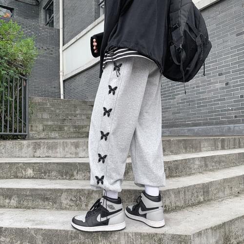 Casual Pants Mens Korean Straight Loose Trousers All-match Autumn New Butterfly Print Bouquet Feet Sports Pants Stylish Grey