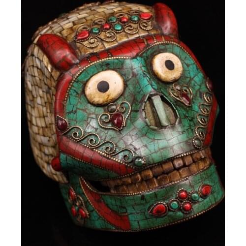 Rare Tibetan Buddhist Handmade Monkey Head Mask Statue, Old Copper Inlaid Semi-Precious Stones Skull Sculpture