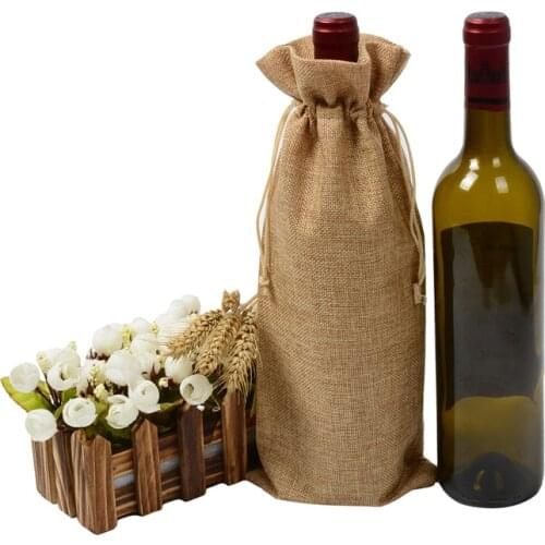 Rustic Wedding Jute Wine Gift Bags Stamping Burlap Gift Package Bag Wine Bottle Covers Wedding Party Favor Bags 15x35cm 10pcs