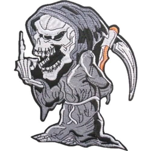 Grey Grim Reaper Embroidery Iron on Patches Middle Finger Biker Jackets Vests Heat Press Logo Badges DIY Clothing Accessories