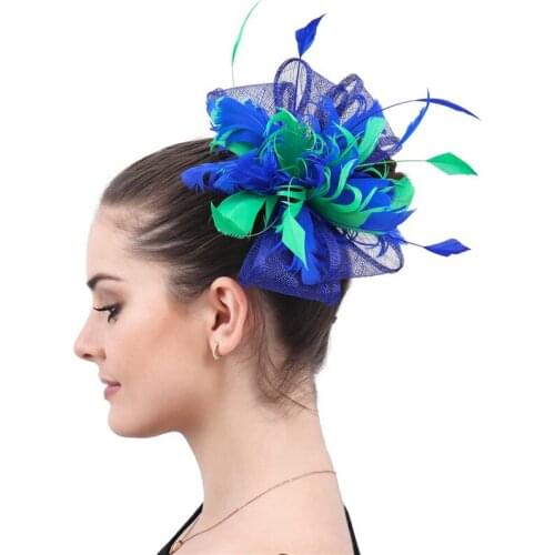 Royal blue and green sinamay fascinator hats with feather flower hair accessories kentucky church hat great cocktail hats SYF593
