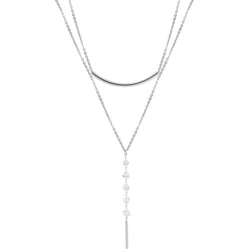 Skyrim Fashion Stainless Steel Double Layered Chain Necklace for Women Choker Necklaces with Crystal Beads Valentines Day Gift