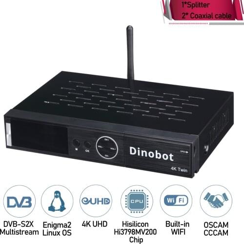 Dinobot 4K Twin UHD Linux E2 Satellite Receiver with Dual DVB-S2X Multistream Tuner,HDTV, 2160p,H.265,HDR,with Sat Receiver