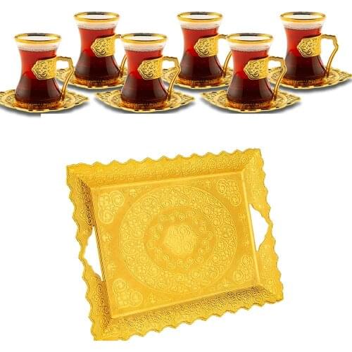 Turkish Tea Set with Glasses Cups Saucers of 6 and Tray - Elegant Luxury Tea Set for Serving (Gold)