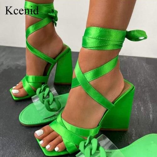 Kcenid Women Chunky Heels Sandals Super High Heels For Women Shoes Sexy Square Head Cross-Tied Pumps Fashion Party Shoes Green