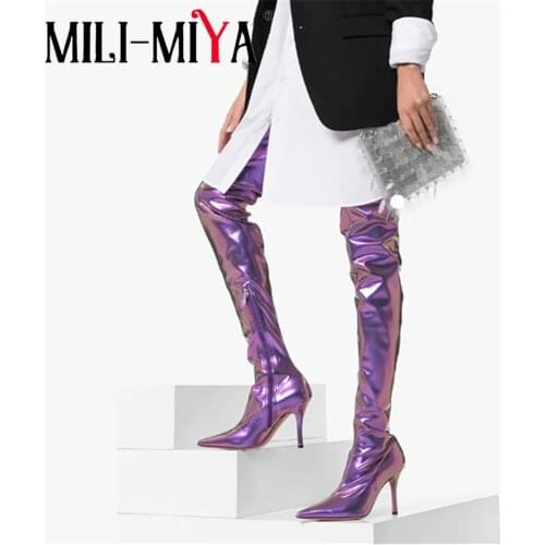 MILI-MIYA New Arrival Sexy Women Over-Knee-High Boots Solid Color Zipper Fashion Pointed Toe Super High Thin Heels Size 34-45