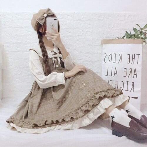 Sannian Women Dress Doll Collar Plaid Dress Long Sleeve Women Spring And Autumn Loli Fake Two-piece Mori Girl Princess Dresses