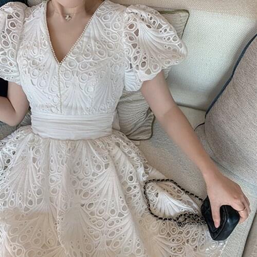 Puff Sleeve Lace Dress For Women New V neck Beading High Waist Back Gauze Big Bow Elegant Pleated Dresses Summer A word Dress