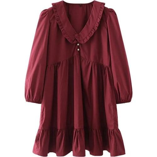 New Pop Women Dress Faux Jewelry Button V-neck Long Sleeves Mini Dress Ruffled Hem Elegant casual vestidos femme robe