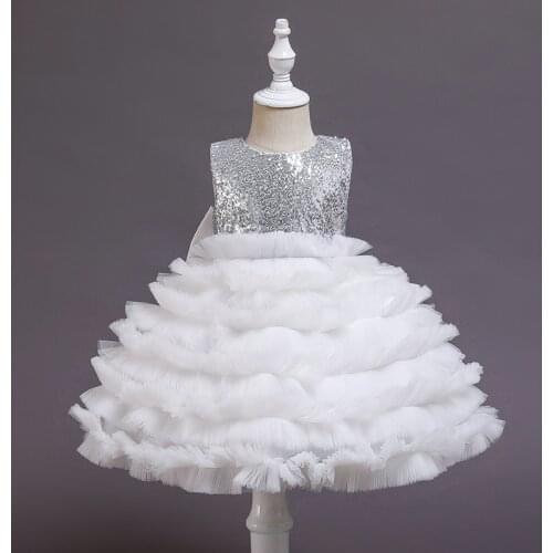 2021 Newborn Kids Birthday Dresses Childrens Dress Sequined Mesh Baby Clothes Flower Girls Wedding Wash Dress Bow White 0-2 Y