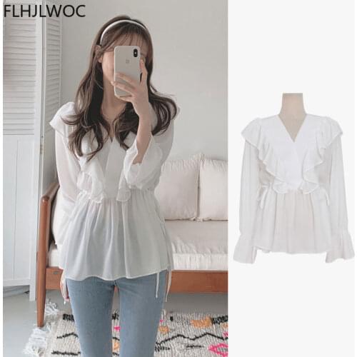 2021 Korea Chic Tops Blusas Flare Sleeve Very Fairy Cute Sweet Girls Lady Shirts Flhjlwoc Pink Ruffled Women Blouses