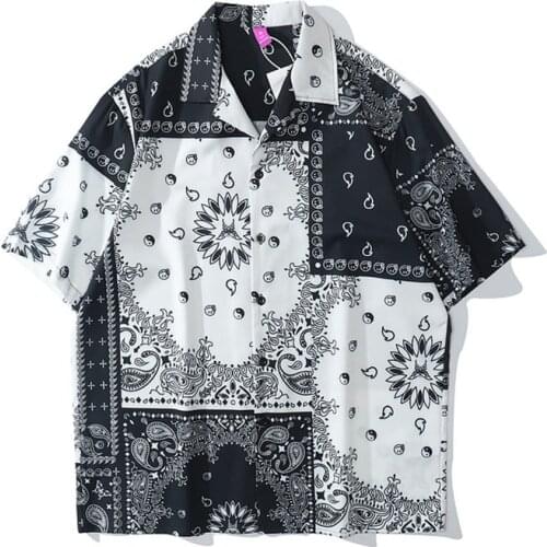 Japanese Harajuku White Patchwork Button Up Bandana Shirt for Men Urban Mens Summer Short Sleeve Streetwear Hip Hop Shirt