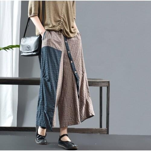 Spring Pants Women Patchwork Panelled Retro Buttons Elastic Waist Loose Female Full-Length Wide Leg Pant Casual Fashion Tide