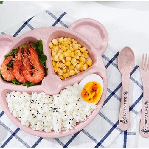Baby Bowl+spoon+fork Feeding Food Tableware Set Cartoon Bear Kids Dishes Eating Dinnerware Anti-hot Wheat Straw Training Plate