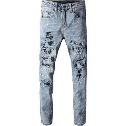 American Street Fashion Men Jeans Retro Blue Slim Fit Destroyed Ripped Jeans Men Beading Painted Designer Hip Hop Punk Pants