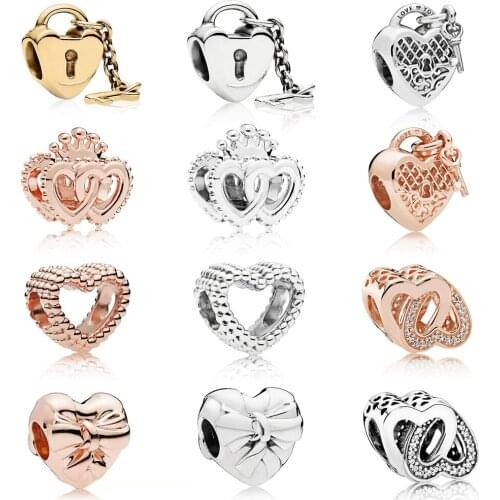 Exquisite Fashion 925 Silver Rich Heart, Key, Brilliant Bow, Double Charm DIY Original Women Jewelry Engagement Gift