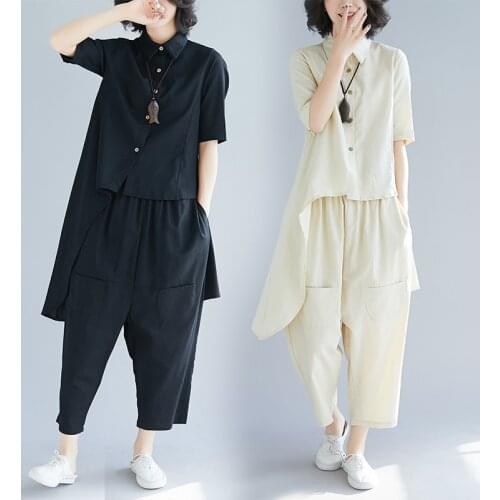 Cotton Linen Sets Womens 2020 Spring Summer Korean Large Size Loose Irregular Shirt Wide leg Pants Fashion Two-piece Suit Z547