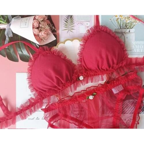 Rose Sexy Mesh Cute Japanese Bra & Panties Set Wirefree Soft Underwear Sleep Intimates Set Kawaii Lolita 3Colors