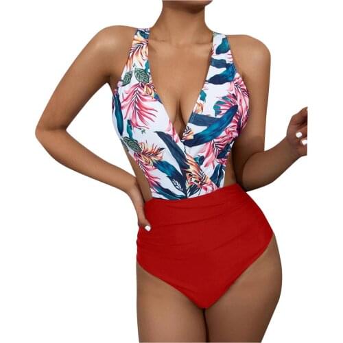 Summer Deep V Neck Swimsuit Female One-piece Bikini Sexy Leaf Printed Swimsuit Girl Beach Bathing Suit цельный костюм