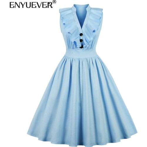 Enyuever Plus Size Summer Dress Women Clothing Sleeveless High Waist Cotton Ruffles V Neck Robe Pin Up Swing Vintage Dress