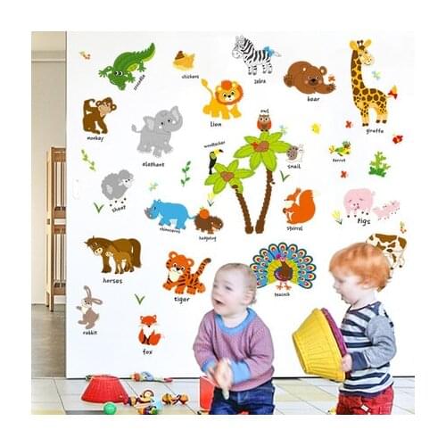 Cute Animals English Wall Sticker Early Childhood Education Wall Decals Wallpaper Self-adhesive Kindergarten Kids Room Decor