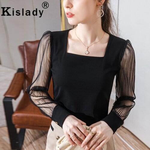2020 Autumn Womens Square Collar Petal Sleeve Gothic Shirts Sexy Lace Patchwork Elegant Shirt Korean OL Tops Harajuku Clothes