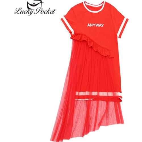 Women Spring Summer New O-Neck Dress Female Fashion Letter Print Ruffles Mesh Patchwork Vestido Casual Loose Dresses Z1026