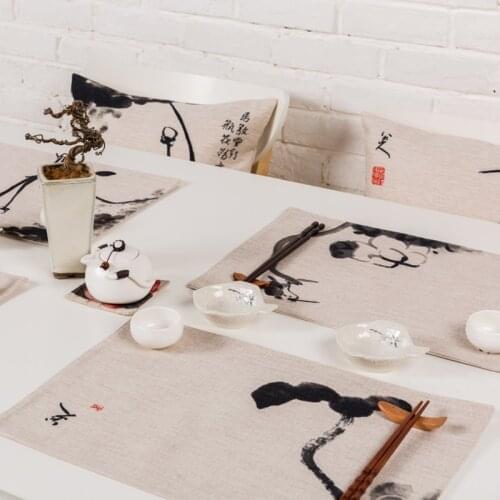 Chinese style Retro Ink Simple elegant Pattern Table decor Upscale Tea mats Western Placemat Double layer Thick Linen Tablecloth