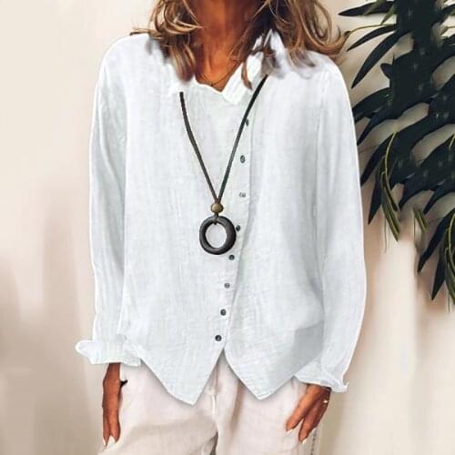 Spring New Women Loose Shirt Blouse Solid Color V-Neck Ladies Cotton Linen Tops Button-Up Long Sleeve Womens Shirts