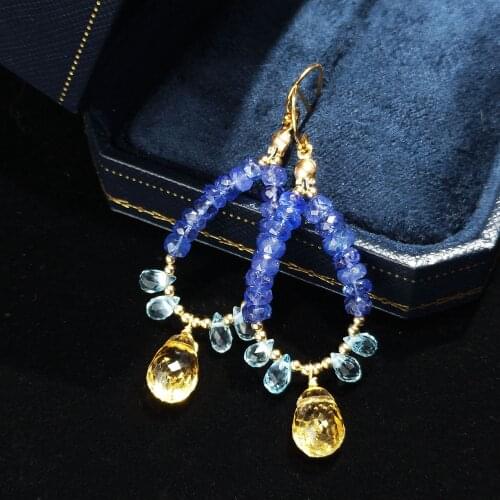 Lii Ji Tanzanite Citrine Blue Topaz 14K Gold Filled Dangle Earrings Natural Stone Handmade Jewelry For Women Gift