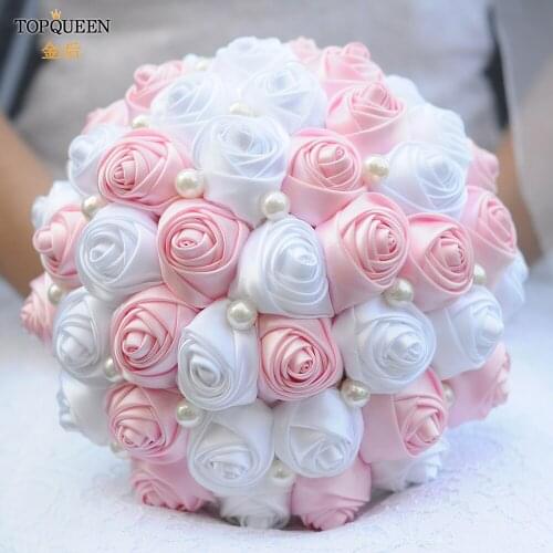 TOPQUEEN F4-PK Stunning Pink Bridal Bouquet Wedding Boutonniere Artifical Rose Flower Handmade Bouquet Ribbon Bridal Bouquets