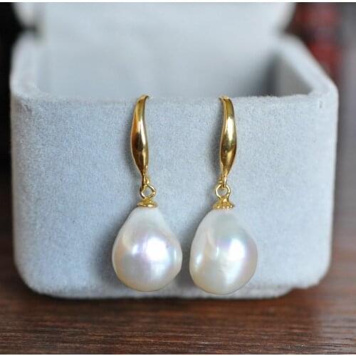 GENUINE AAA 12-10mm South Sea White Baroque Pearl Earrings 14K YELLOW GOLD
