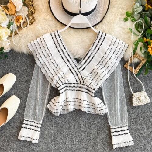 Women Striped white and black sexy v neck ruffles mesh blouse slim waist elegant ladies long sleeve sheer tops blusas spring
