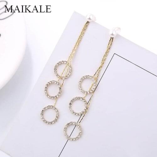MAIKALE Luxury Gold Silver Color Tassel Chain Long Earrings Round Circle Inlay Zirconia Crystal Hanging Drop Earrings for Women