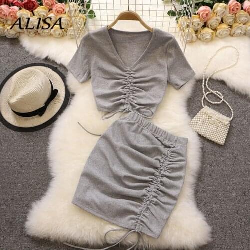 Summer Casual Two Piece Sets Fashion Outfits Woman Drawstring Pleat Short T-shirt v neck Crop Tops Mini Skirt 2 Pcs Clothing