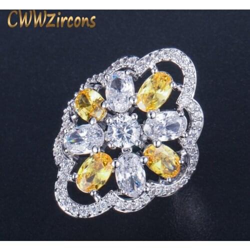 CWWZircons High Quality Silver Color Large Yellow Cubic Zircon Ring Jewelry For Women Engagement Party Cocktail Rings R051