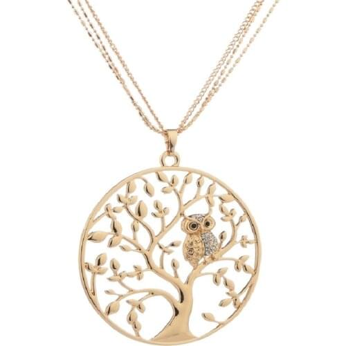 Gold Tree of life Owl Necklace Big Round Pendant Long Chains Sweater Necklace For Women Statement Jewelry Gifts Classic Collier