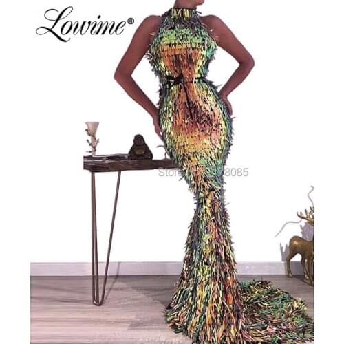Abendkleider High Neck Evening Dresses Sequin Arabic Celebrity Party Dress 2019 Saudi Arabia Mermaid Prom Gowns