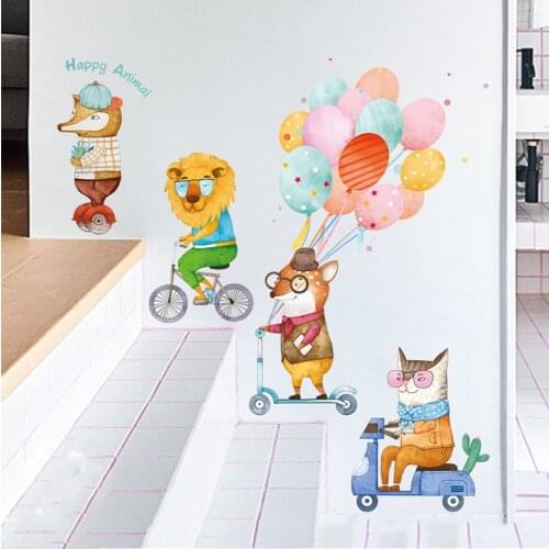 1PC Large Cartoon Animals Wall Decor Happy Lion Fox Riding Wall Stickers Colorful Balloon For Kids Room Home Decor Funny 60*90cm