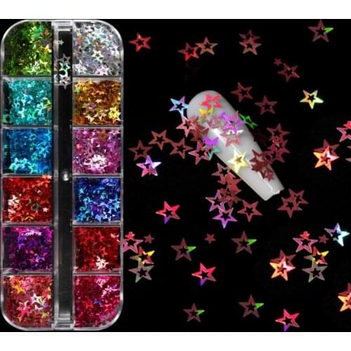 12 Grids/Box Holographic Glitter Hollow Stars Shape Sequins Epoxy Resin Filling DIY Crafts Jewelry Making Flake Nail Art Glitter