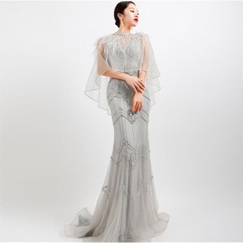 2021 Sexy Evening Dresses Luxurious Gold Beading Mermaid Sleeveless Feathers Shawl Yarn Formal Dress BLE4017