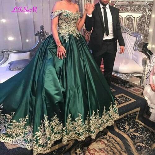 High Quality Ball Gown Long Evening Dress Off Shoulder Gold Lace Appliqued Prom Dresses Robe de soriee