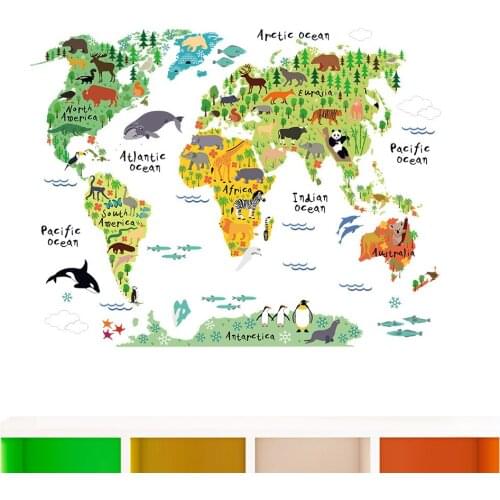 Colorful Animals World Map Wall Stickers For Living Room Home Decorations Pvc Decal Mural Art Diy Office Kids Room Wall Poster
