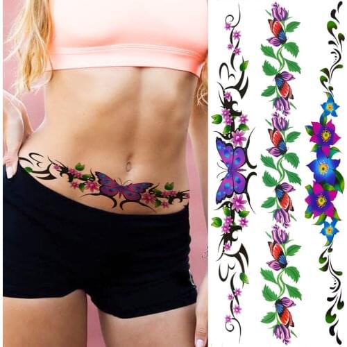 Long Size Butterfly Flower Temporary Tattoos Sticker For Women Girls Fake Throns Tattoo Waterproof Body Art Waist Tatoos Decal
