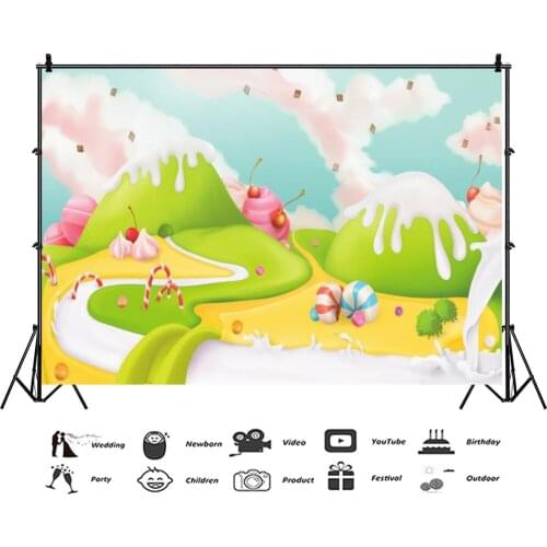 Cartoon Painted Dessert Jelly Mountain Studio Photography Background Cloth Happy Birthday Decors Photo Digital Video Backdrop