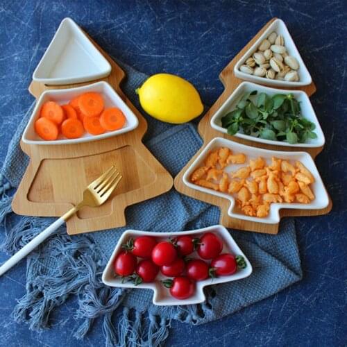 Ceramic Snack Plate Bamboo Wood Christmas Tree Tray Snack Plate Fruit Bowls and Dishes Breakfast Salad Decoration Plate