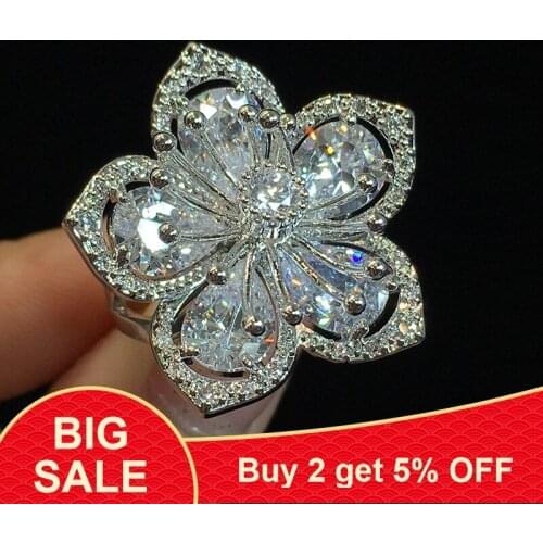 925 Sterling Silver Flower Shape Big Zircon Stone Rings for Women Wedding Engagement Fashion Jewelry 2019